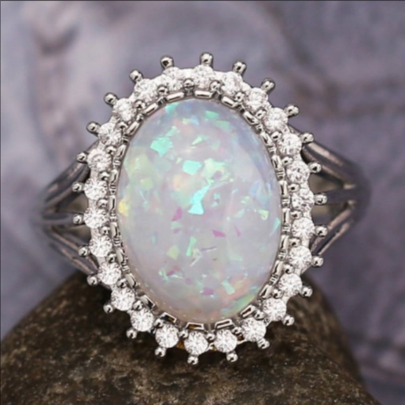 NEW HUGE OPAL DIAMOND HALO STERLING SILVER RING - Picture 3 of 7